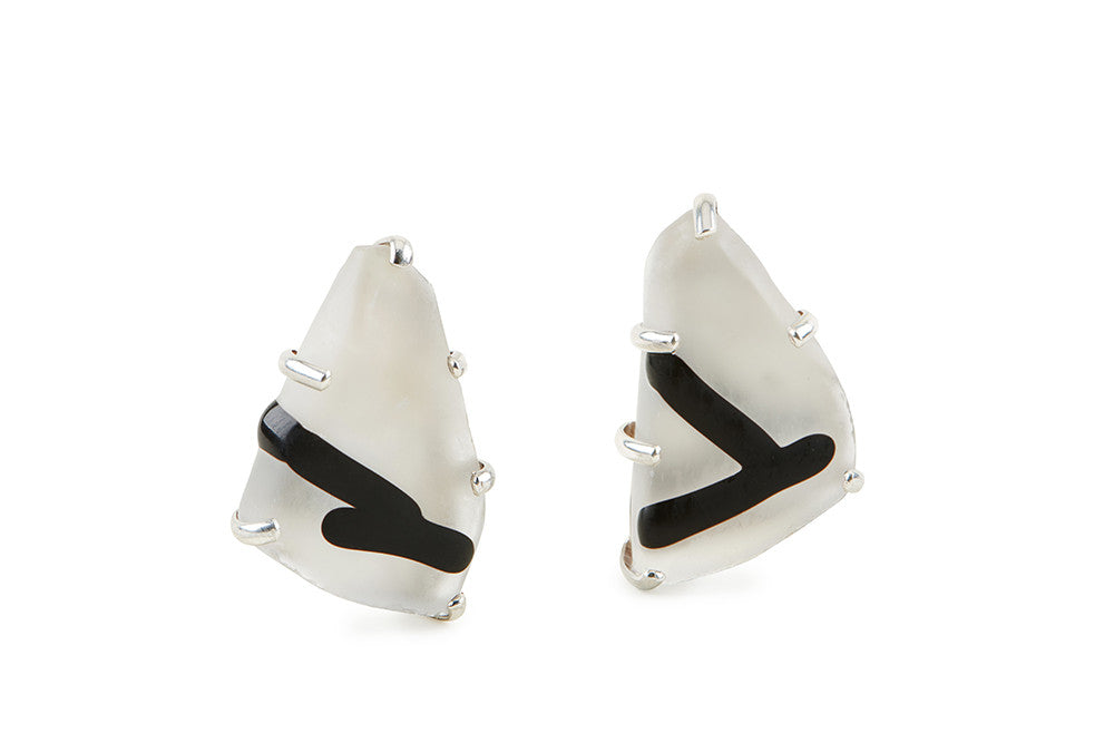 Clear Glass Chunk Earrings, Frosted, with Frosted Black Lines