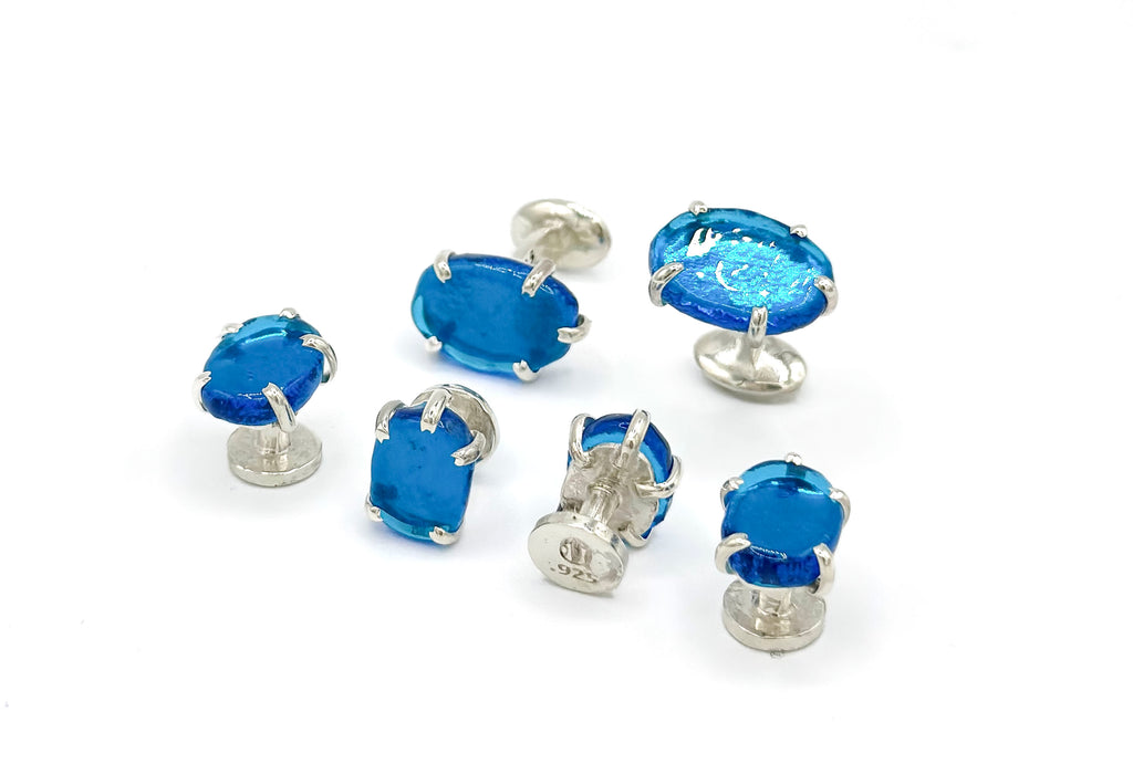 Blue Oval Glass Cufflinks and Studs