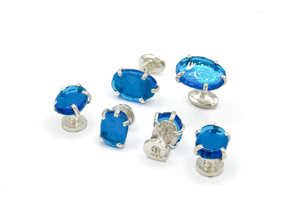 Blue Oval Glass Cufflinks and Studs