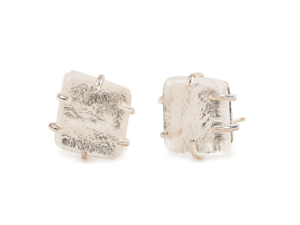 Clear Glass Chunk Earrings, Silver