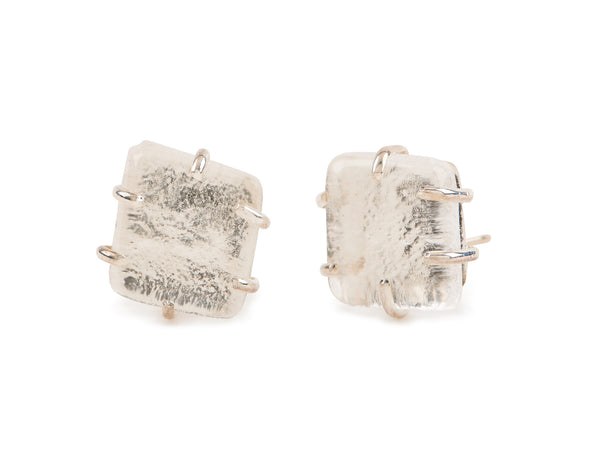 Clear Glass Chunk Earrings, Silver