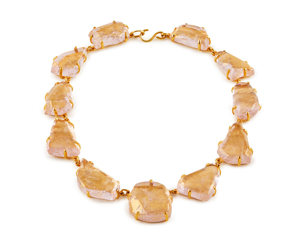 Pink Glass Chunk Necklace, Gold Leaf