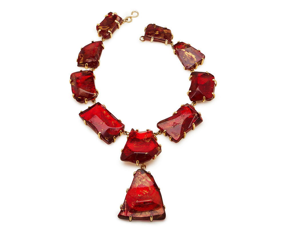 Ruby Red Glass Chunk Necklace, Gold Leaf