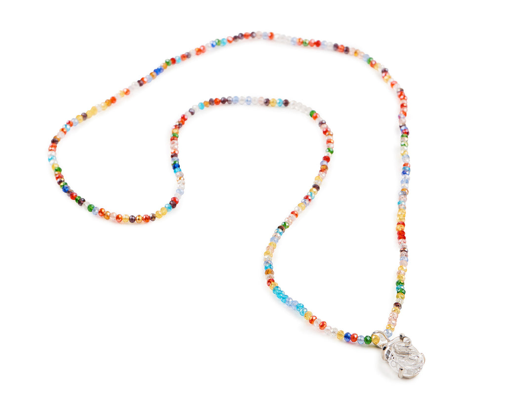 Opera Length beaded necklace with Glass Pendant.