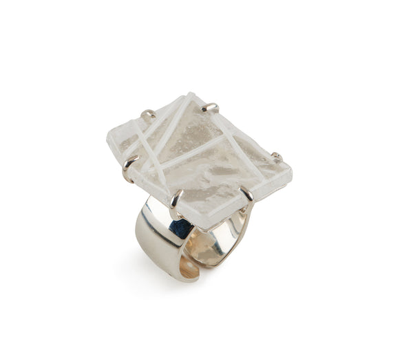 Clear Glass Ring with White Line Design