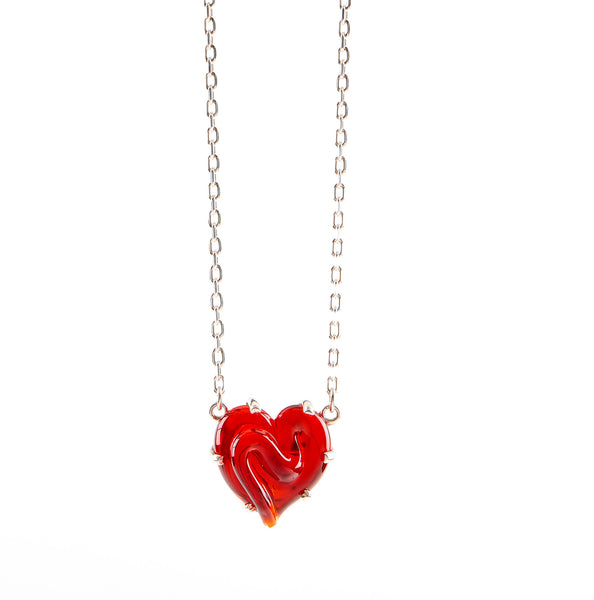 Red Glass Heart on Silver Chain